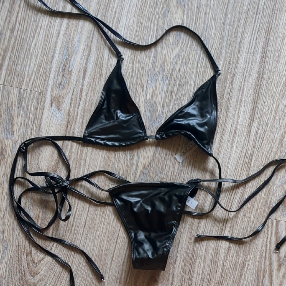 L Black Faux Leather Bikini